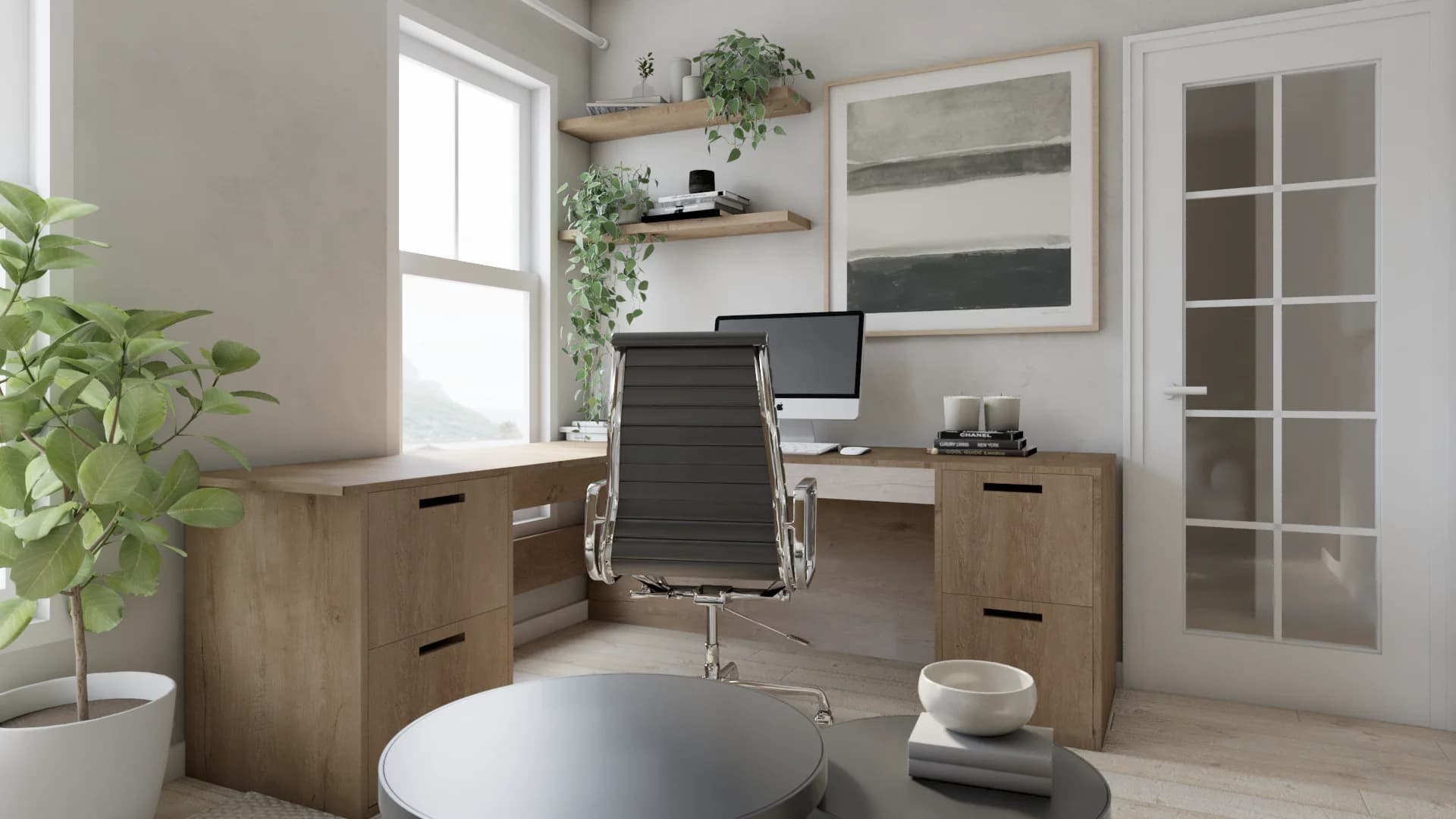 Linen sofa lounge area with abstract art and French door in organic modern home office