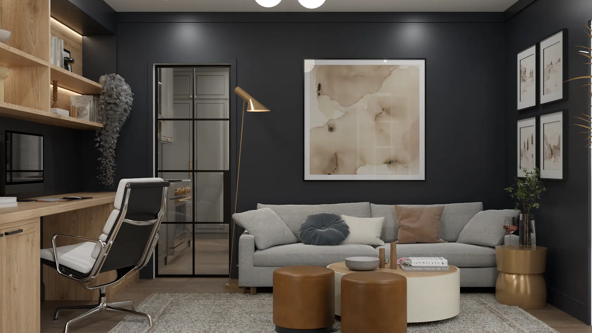 Modern home office and living space with dark walls