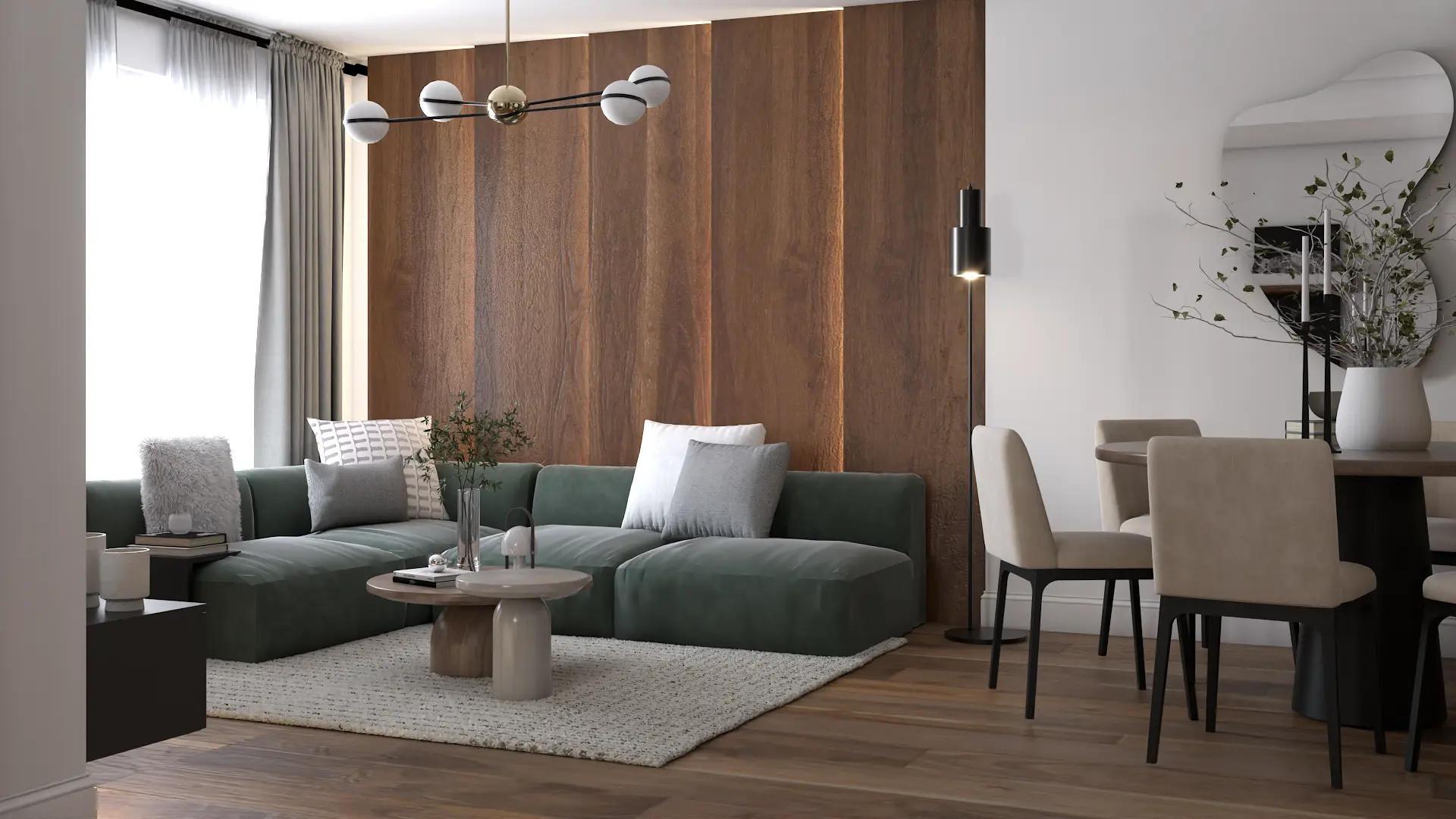 Stylish living room with green sofa and wood accent wall