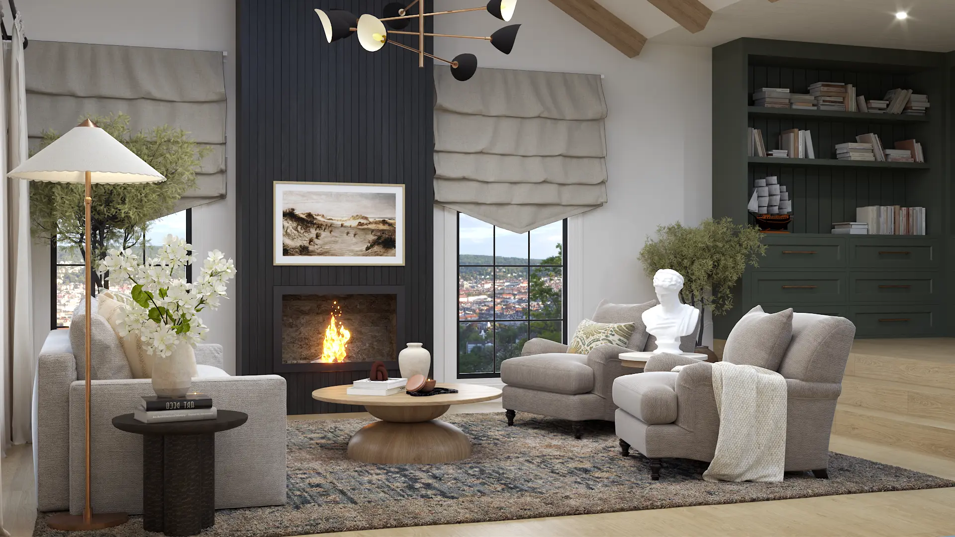 Transitional formal living room with green accents