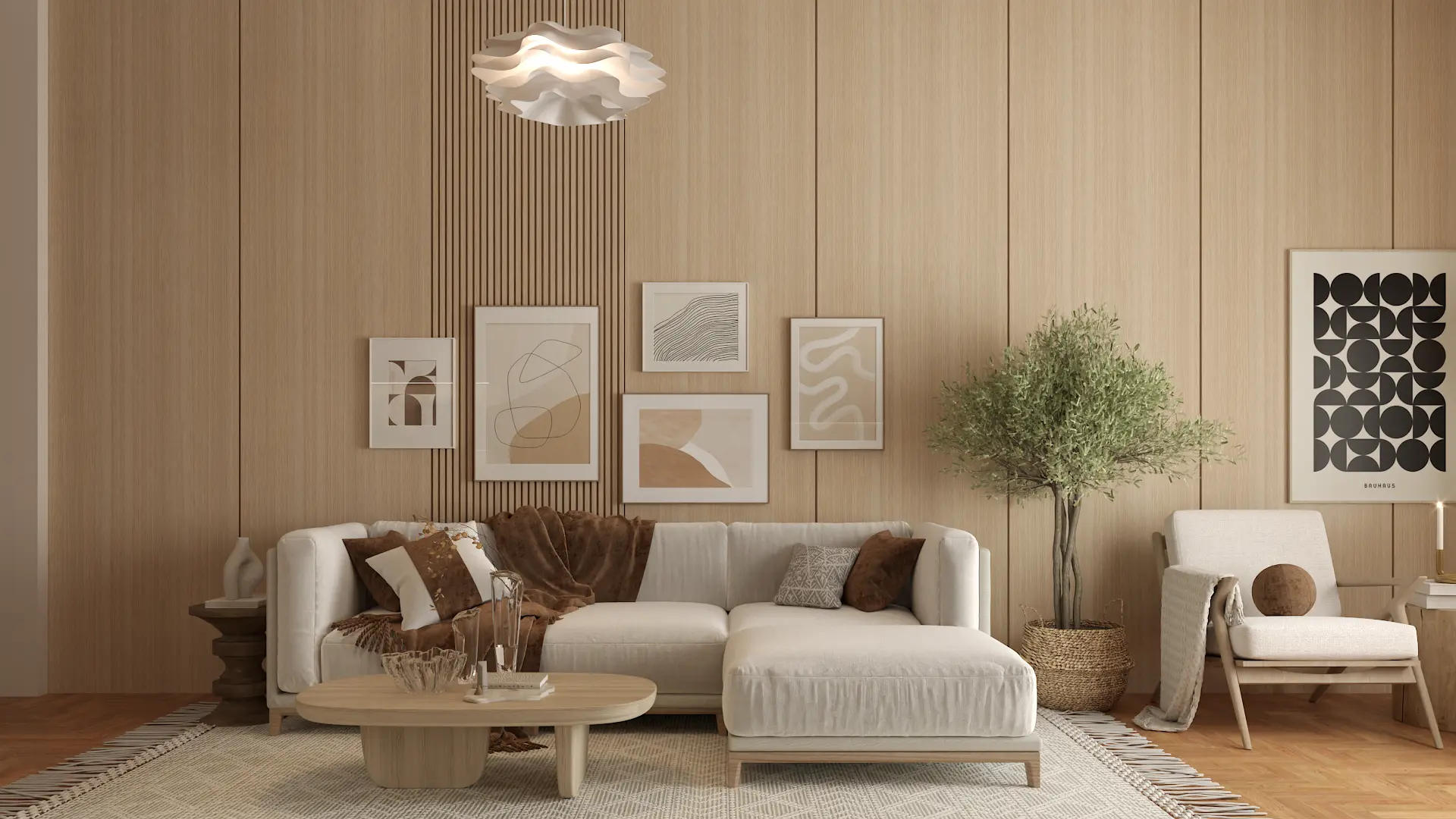 Bohemian living room with earthy tones and artistic decor
