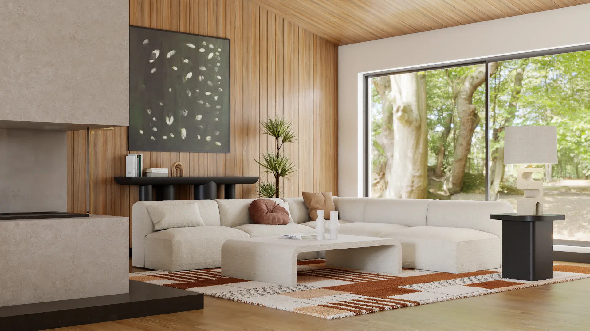 Contemporary living room with large windows and cozy seating