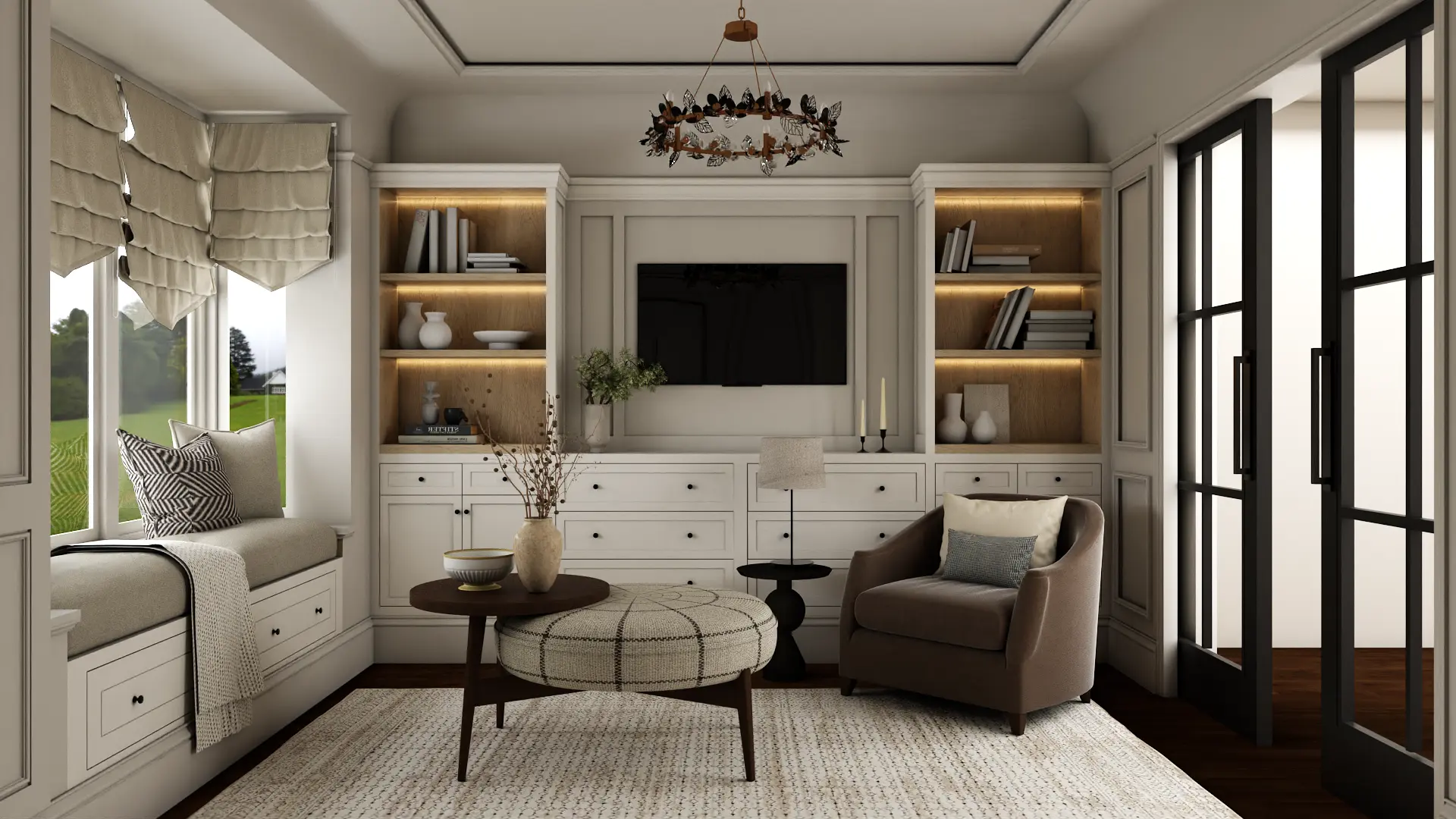 Cozy living room with built-in window seat