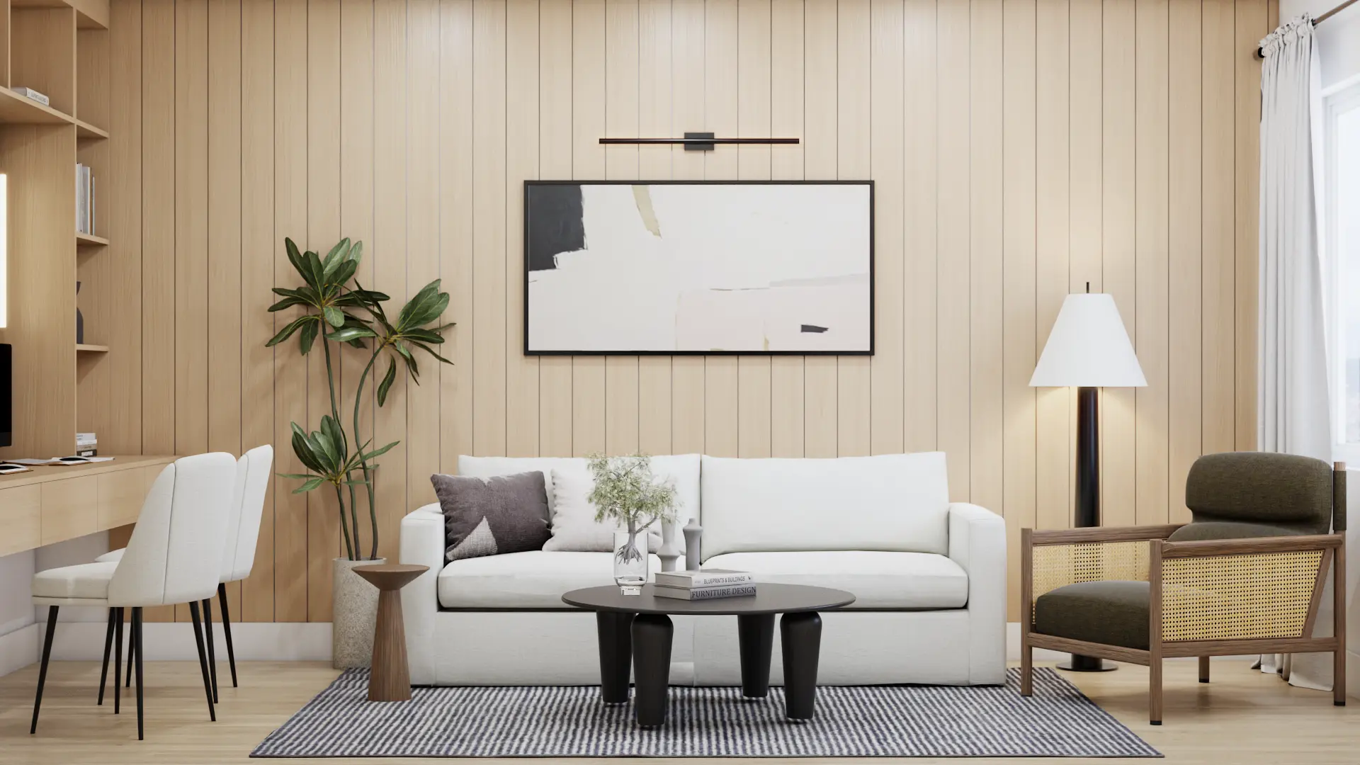 Modern living room with natural wood paneling