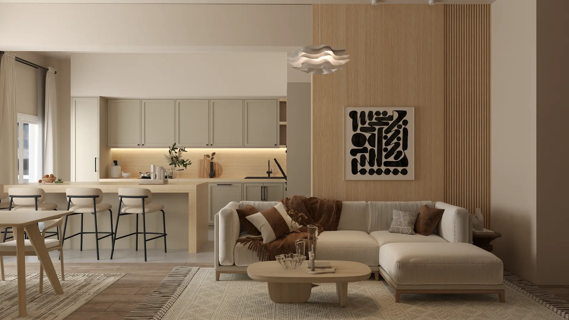Open concept living and kitchen with warm wood finishes
