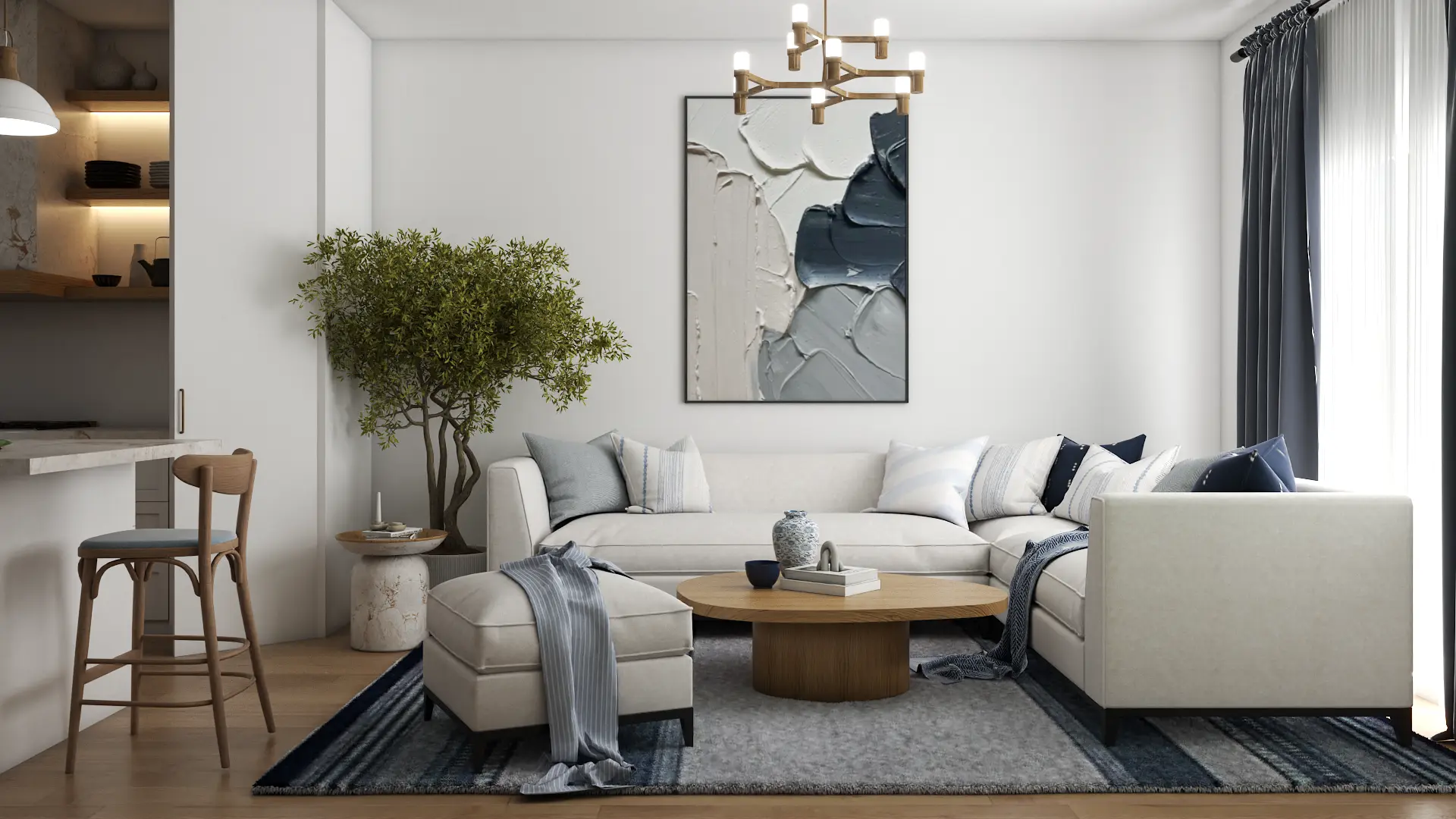 Stylish living room with coastal blue accents